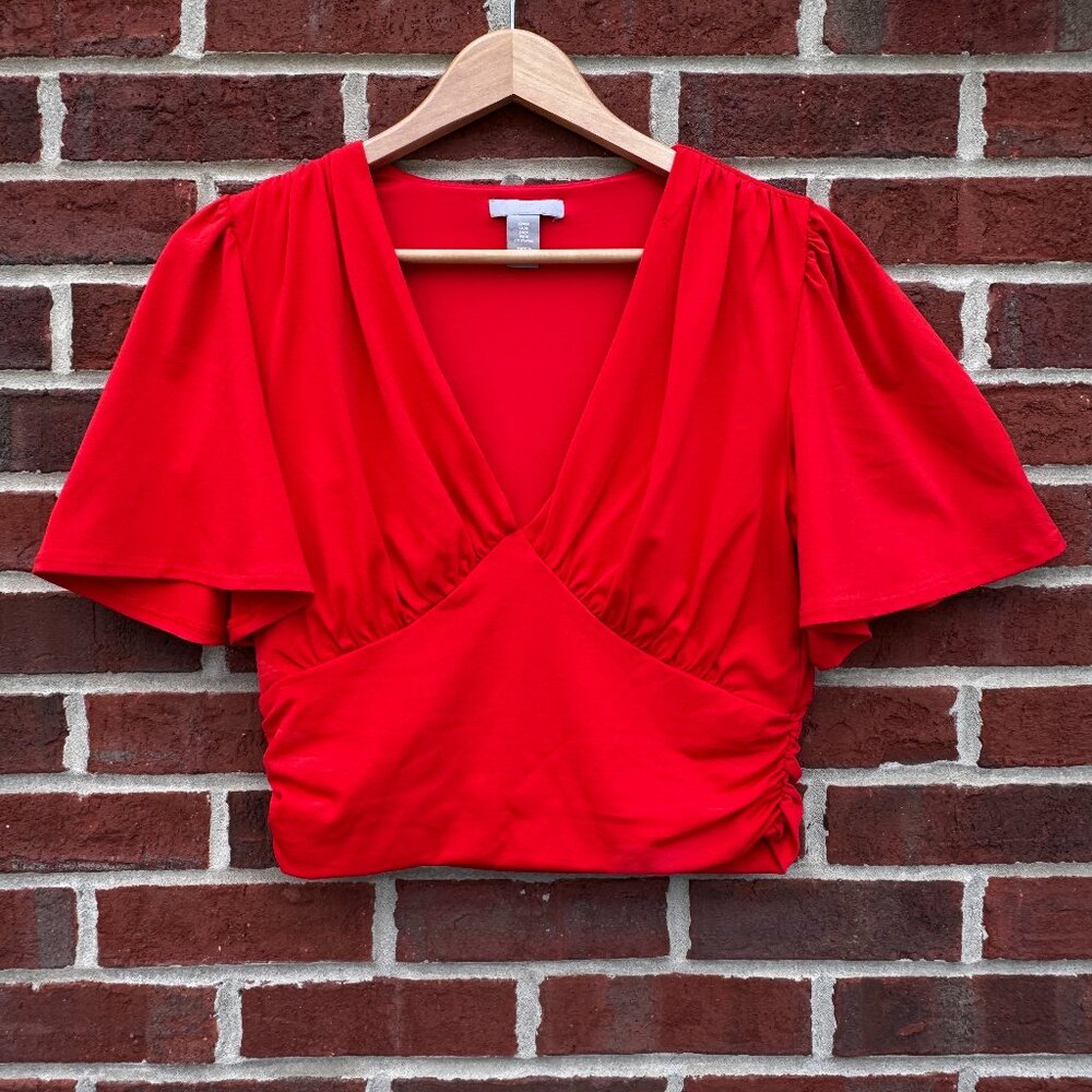 Gathered Cropped Top Womens Medium Red Deep V-Neckline Feminine Going Out H&M